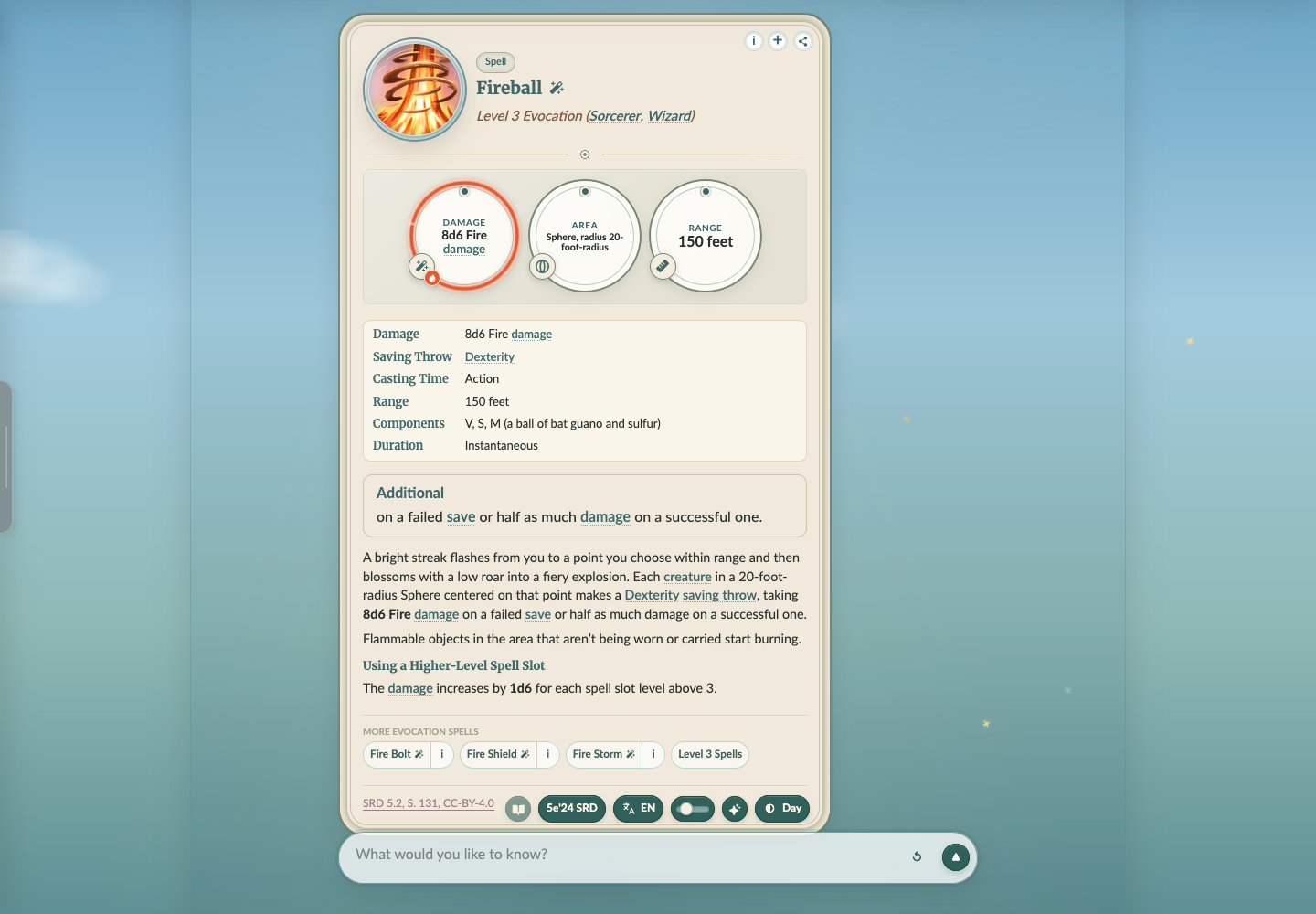 A spell knowledge panel with its main values clearly highlighted